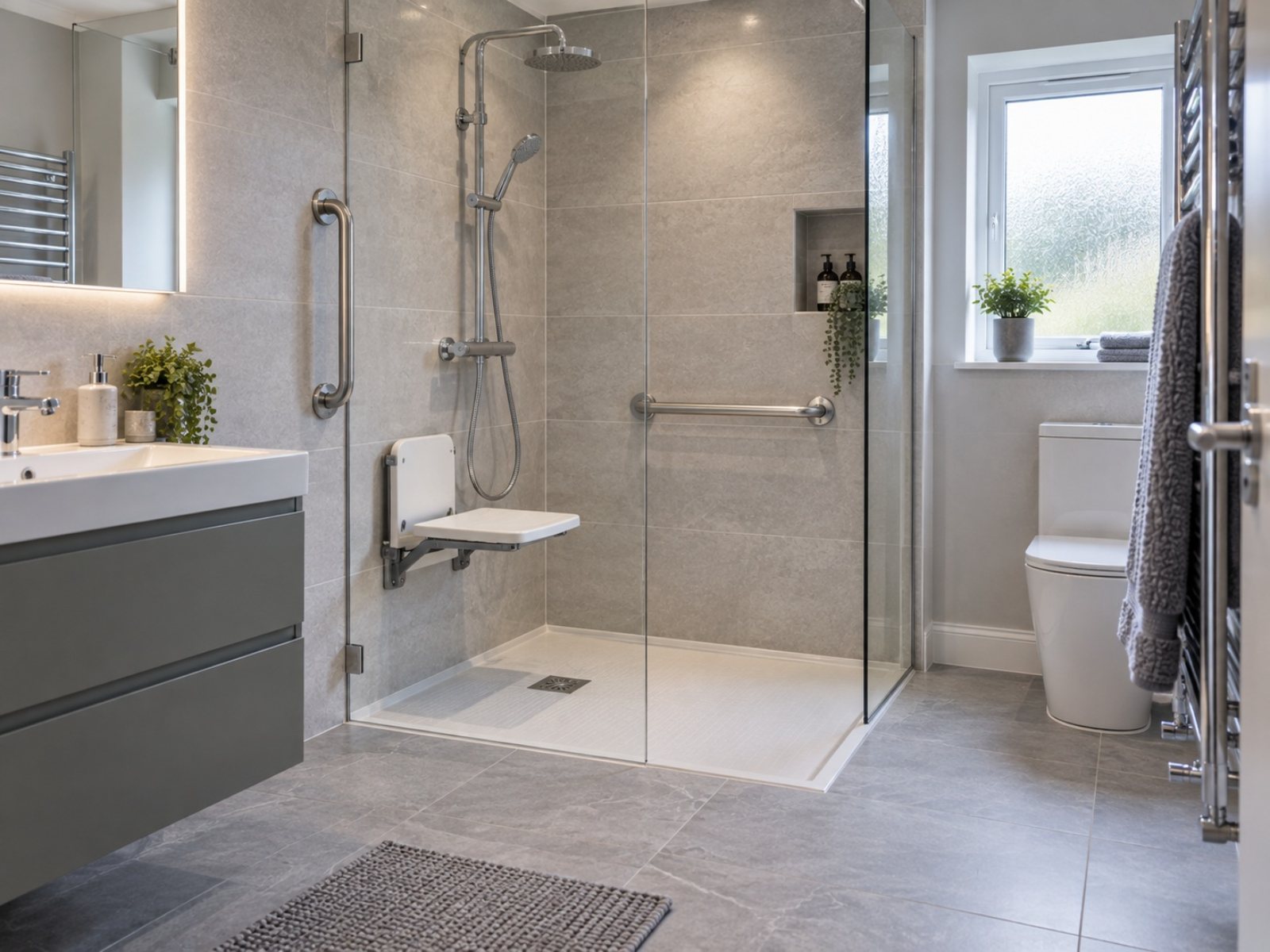 Accessible walk-in shower with fold-down seat and grab rails